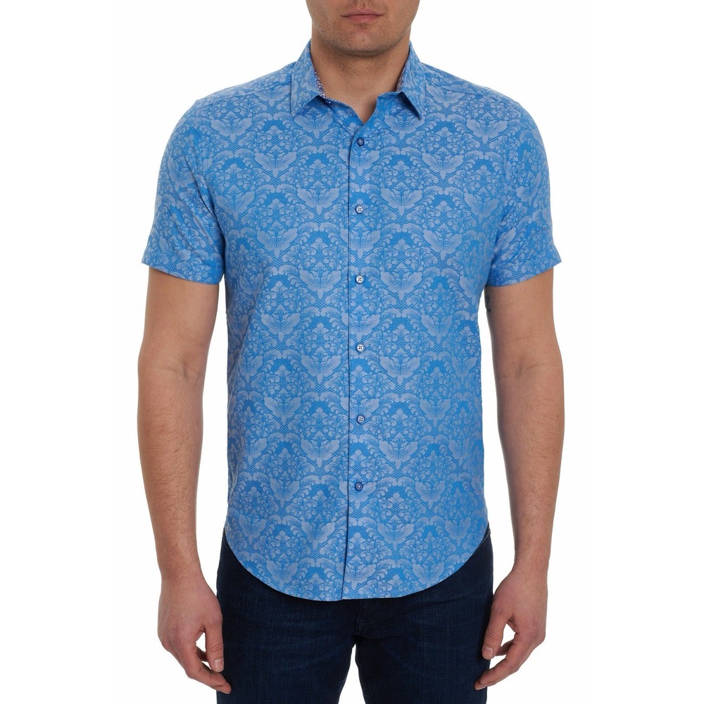 Robert Graham Bayview Woven Short Sleeve Shirt Light Blue Men's XL Resort Casual